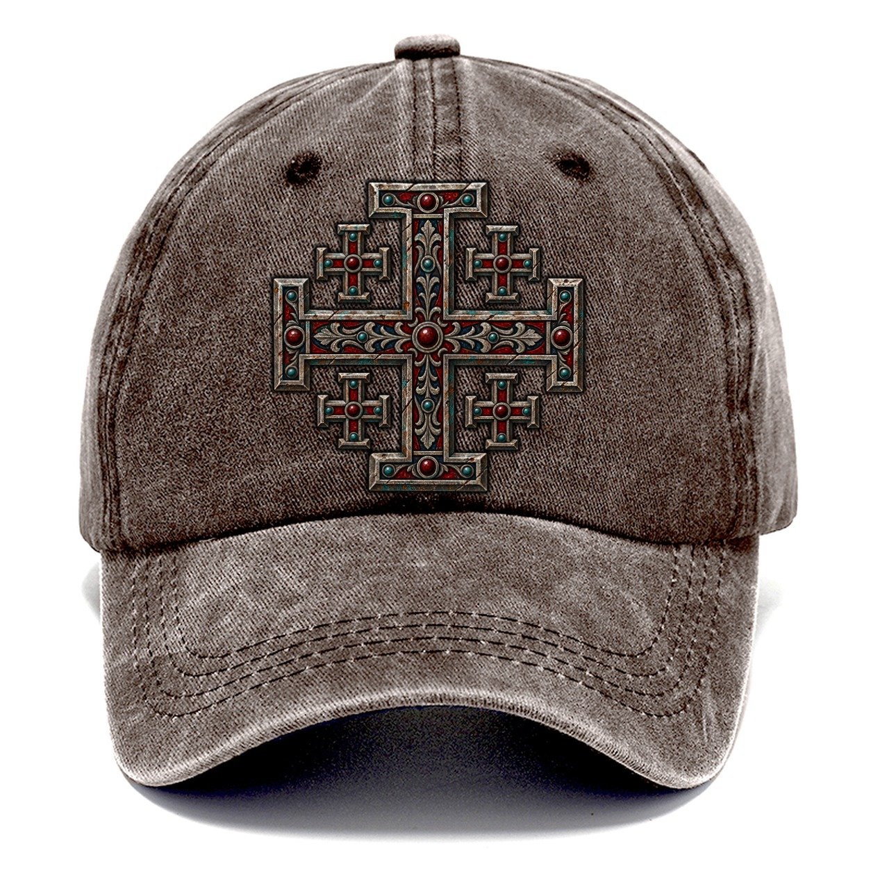 Engraved Silver Reliquary Panel Jerusalem Cross Classic Cap – Brown