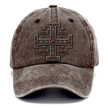 Engraved Silver Reliquary Panel Jerusalem Cross Classic Cap – Brown