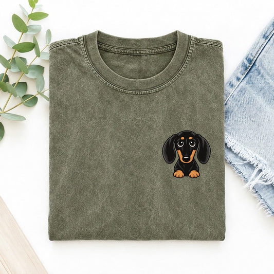 Retro Dachshund Left Chest Vintage T-shirt – Army Green