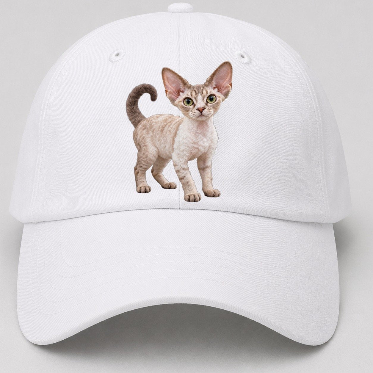 Devon Rex Standing Three Quarter Realistic Cat Portrait Baseball Cap – White