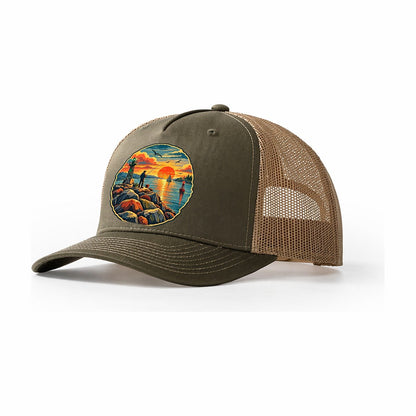 Harbor Jetty Sunset Fishing Club Trucker Hat – Olive Khaki