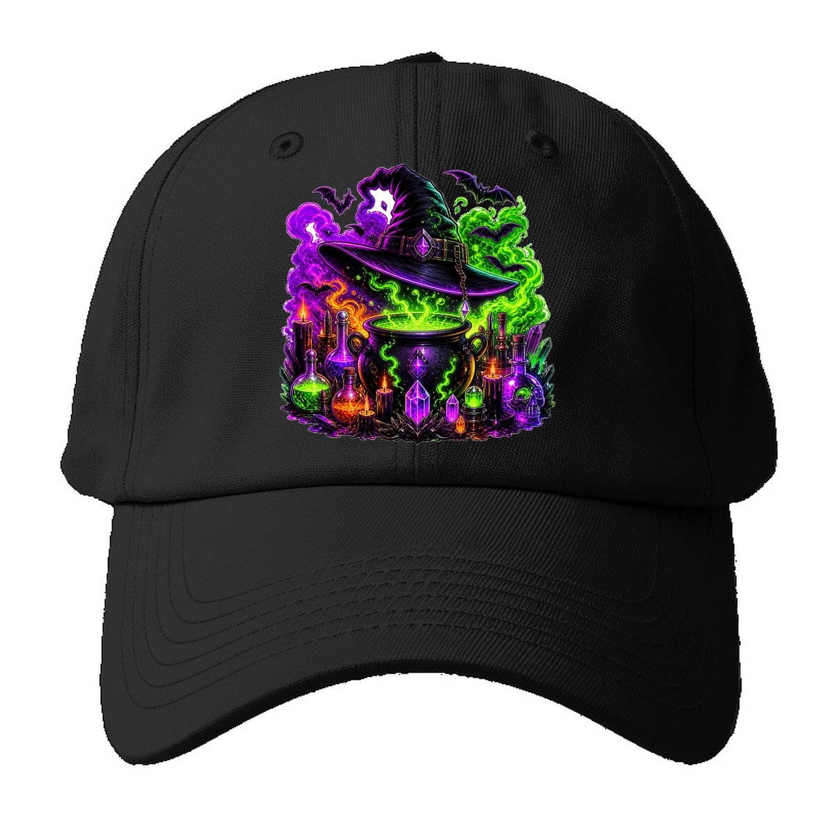 Neon Witch Cauldron Crystal Baseball Cap – Black