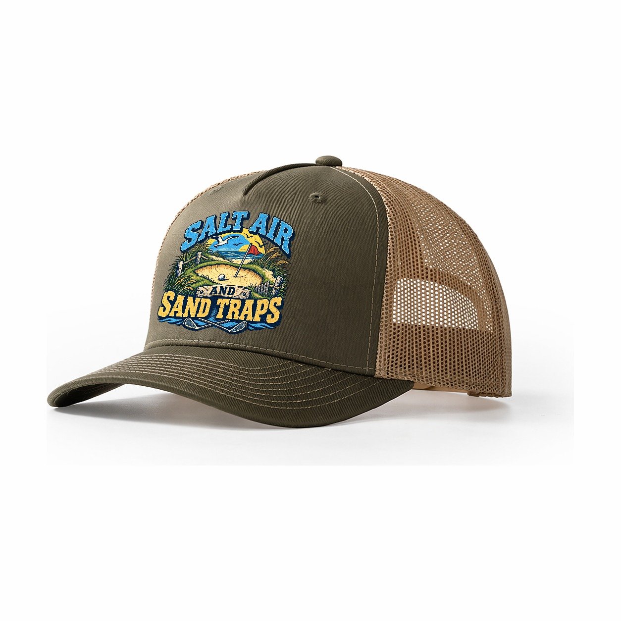 Salt Air And Sand Traps Golf Life Trucker Hat – Olive Khaki