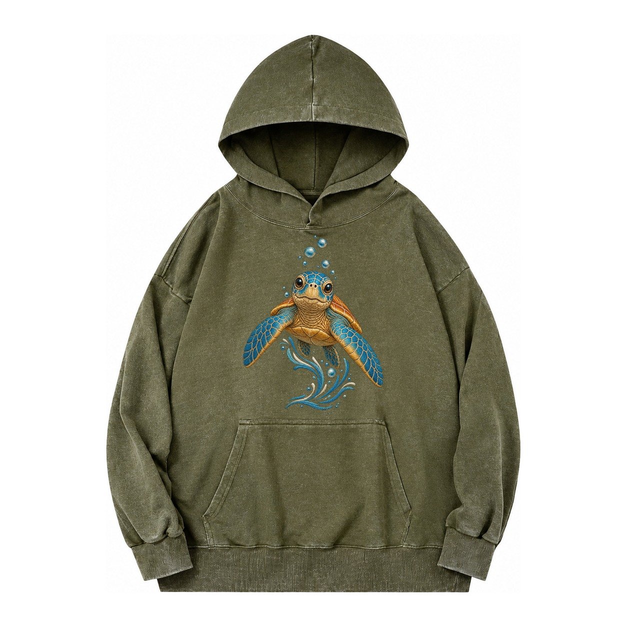 Sea Turtle Serenity Vintage Washed Hoodie – Army Green
