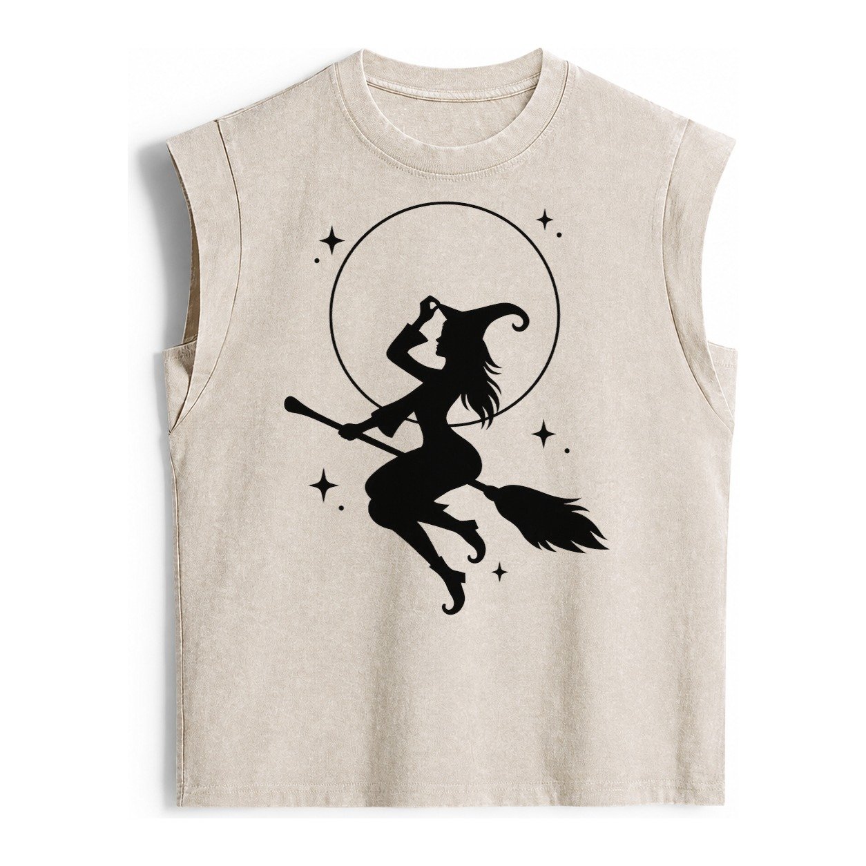 Witch On Broom Vintage Washed Tank – Beige