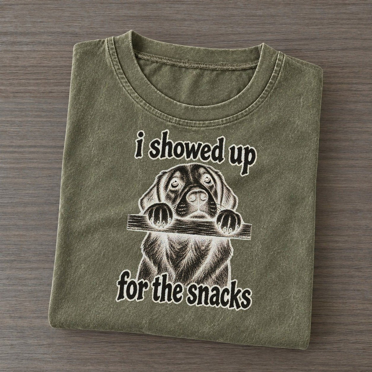 A Dog With Its Chin Resting On The Edge Of A Table Eyes Raised Bark For Me Vintage T-shirt – Army Green