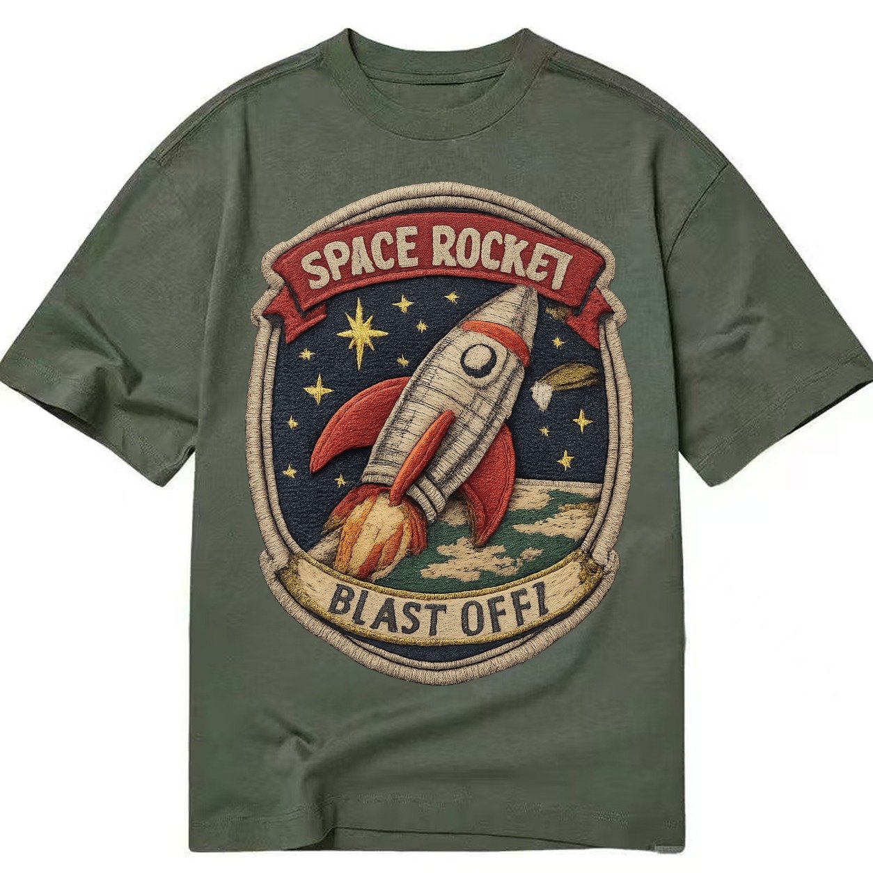 Embroidered Patch Design Retro Rocket 1950s Space Rocket In Classic T-shirt – Army Green