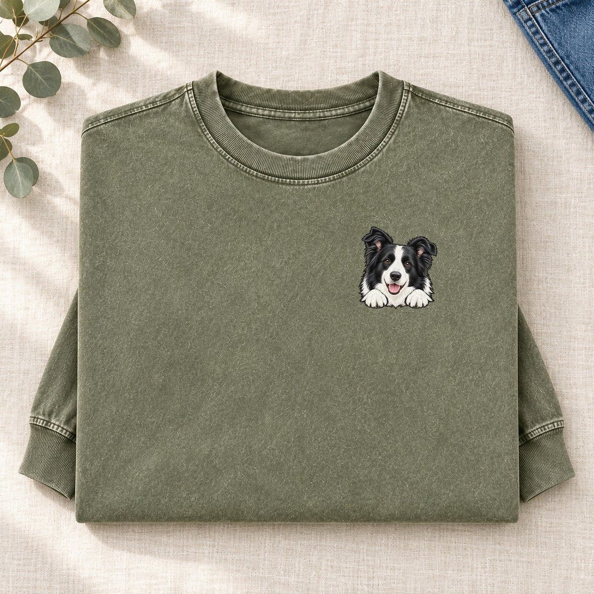 Border Collie Left Chest Washed Long Sleeve T-Shirt – Army Green