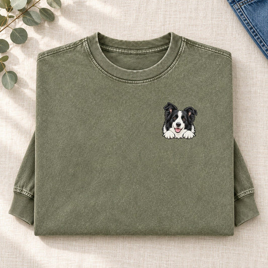 Border Collie Left Chest Washed Long Sleeve T-Shirt – Army Green