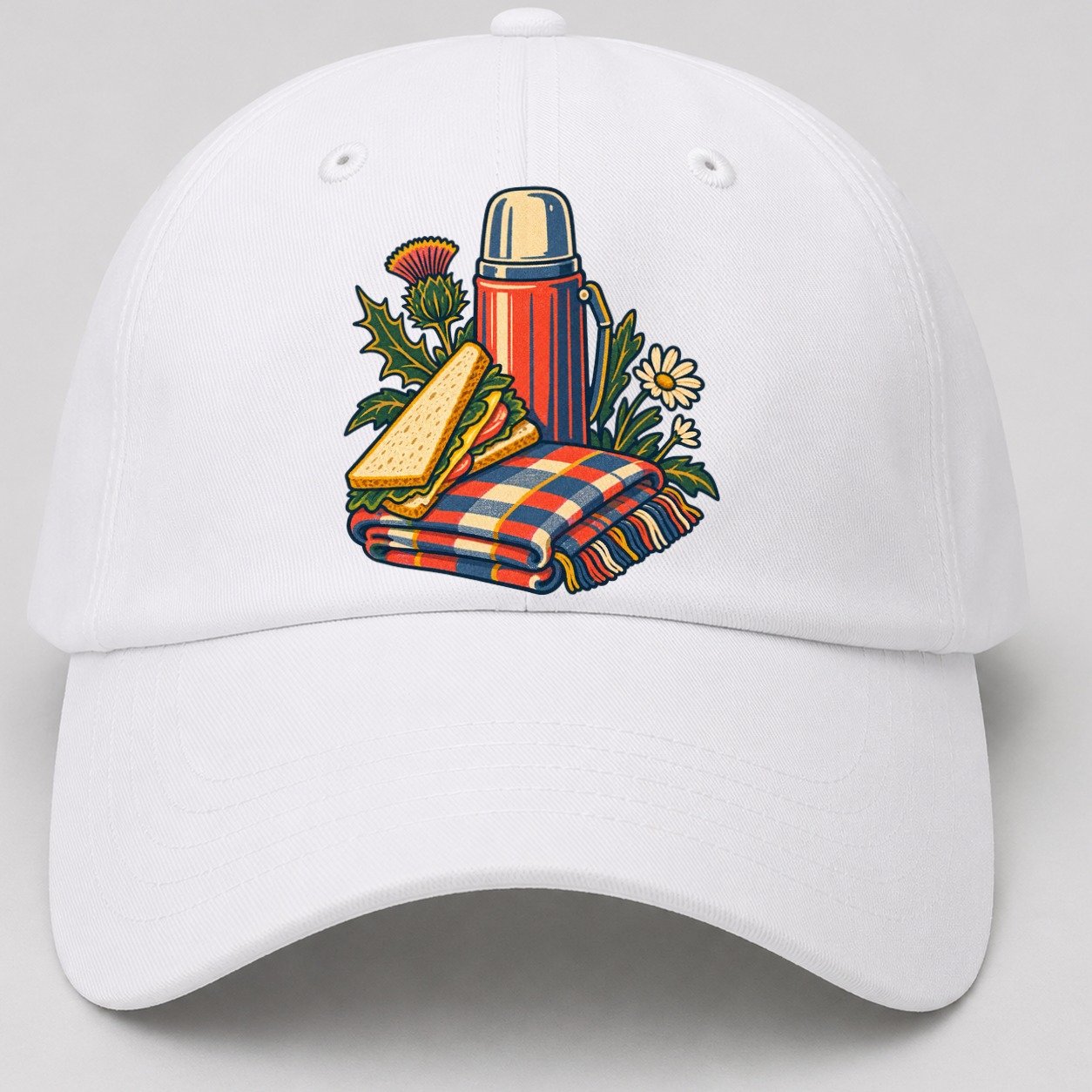 Picnic Flask Sandwich And Checked Blanket Uk Culture Heritage Baseball Cap – White