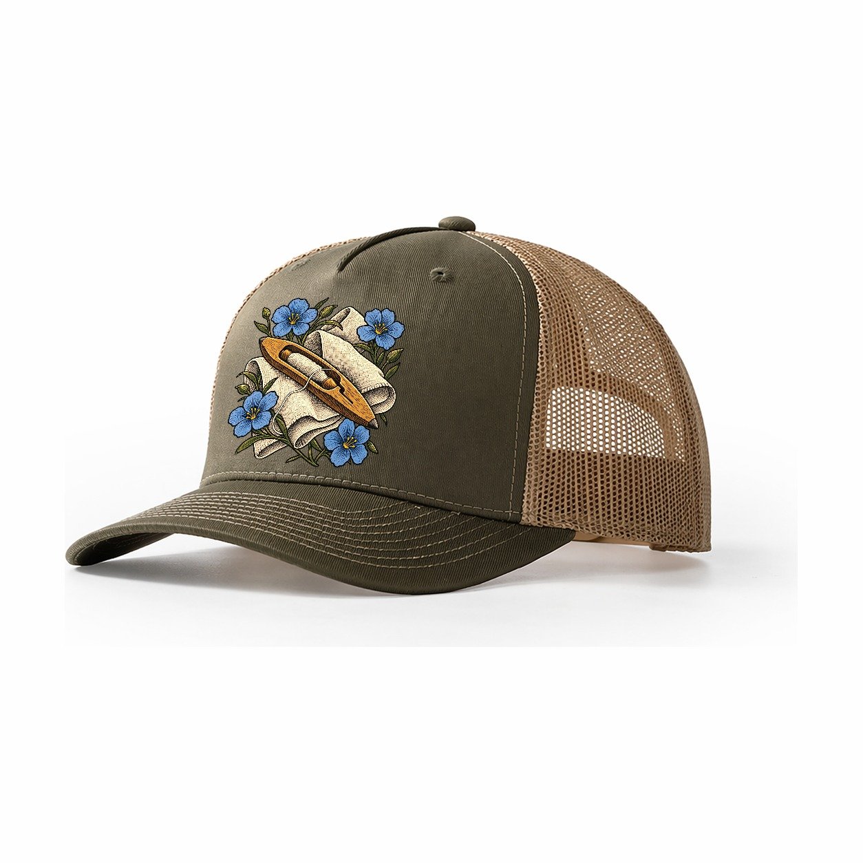 Ulster Linen Shuttle And Flax Uk Culture Heritage Trucker Hat – Olive Khaki