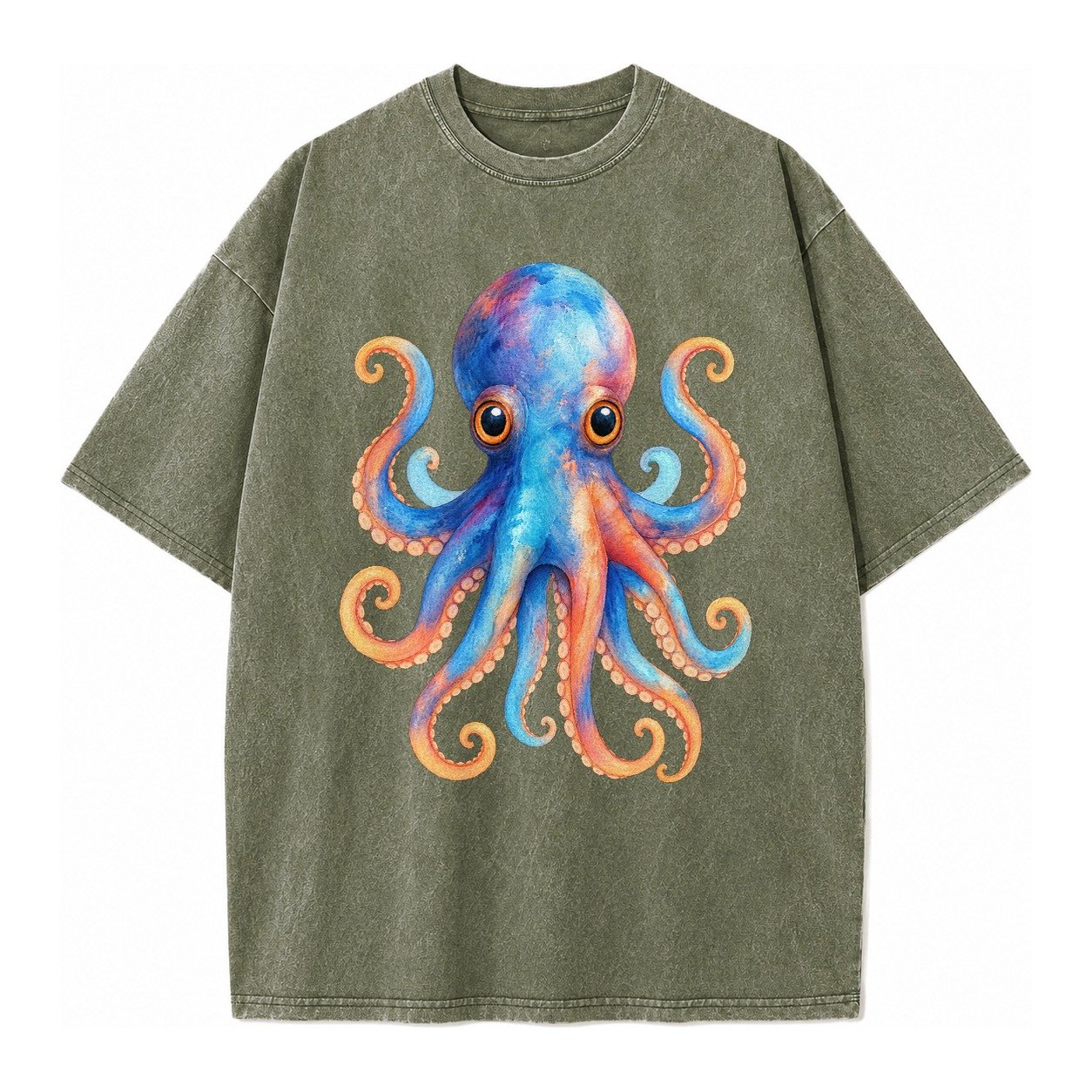 Octopus Cute Vintage T-shirt – Army Green