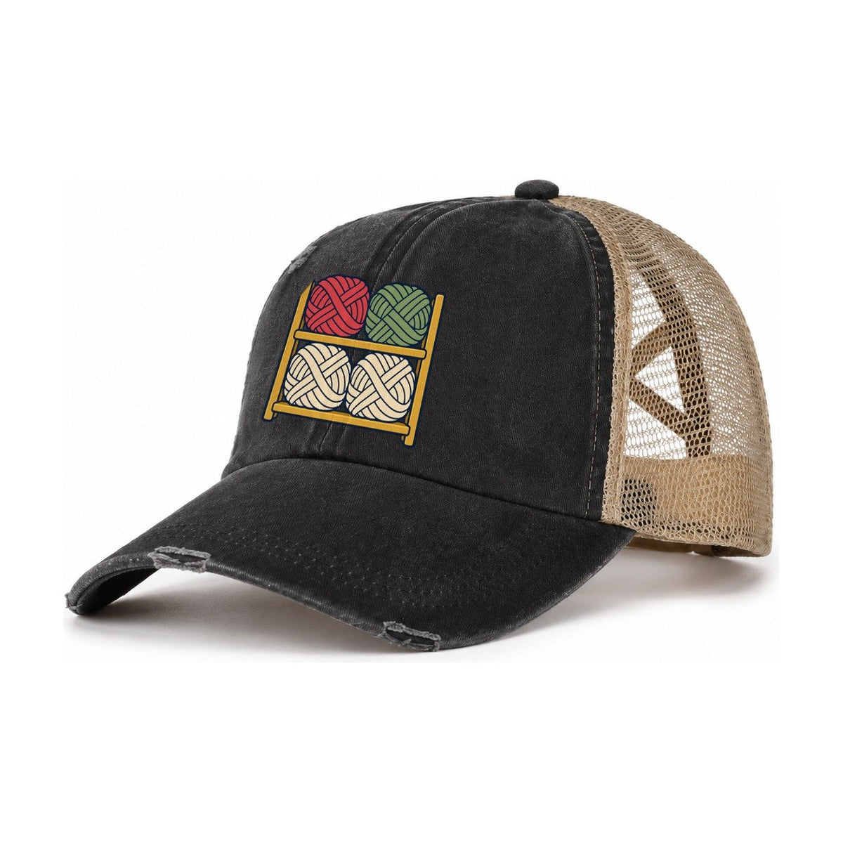 Yarn Stash Shelves Yarn Crafts Women's Ponytail Trucker Hat – Washed Black Khaki