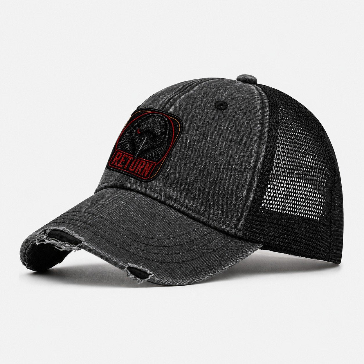 Raven Return Badge Washed Trucker Hat – Black