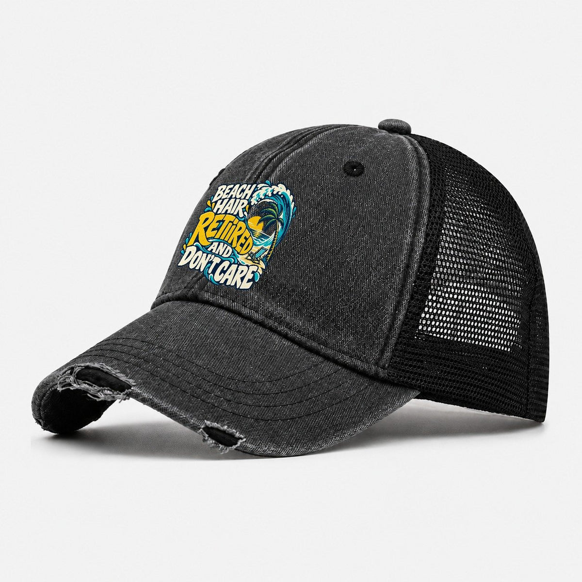 Beach Hair Retired And Don't Care Coastal Living Washed Trucker Hat – Black