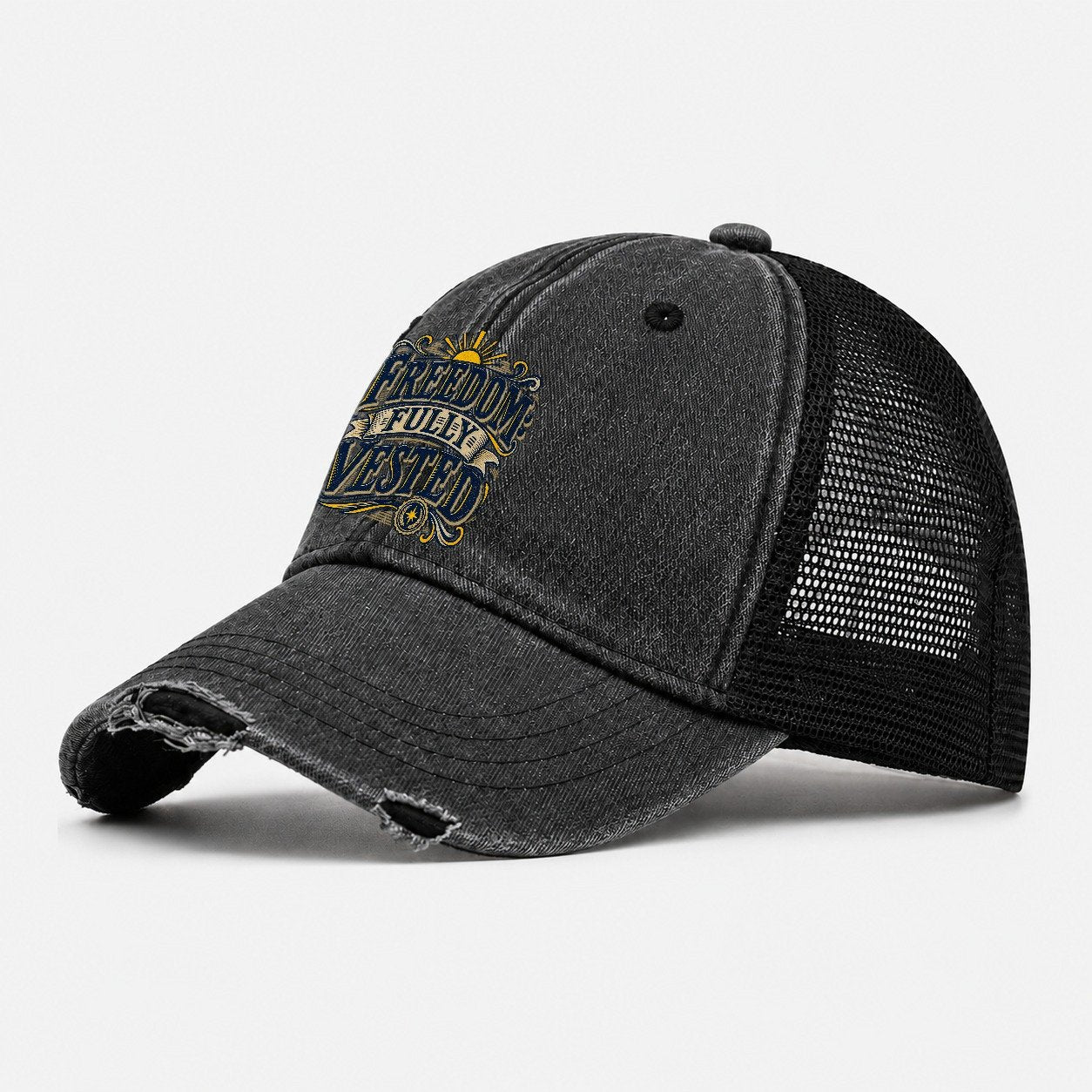 Freedom Fully Vested Retired Living Washed Trucker Hat – Black
