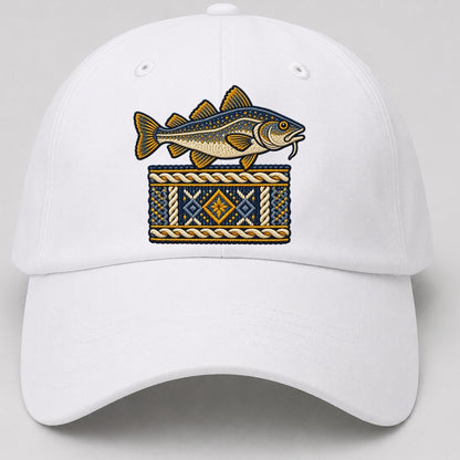 Fisherman S Gansey Knit And Cod Uk Culture Heritage Baseball Cap – White