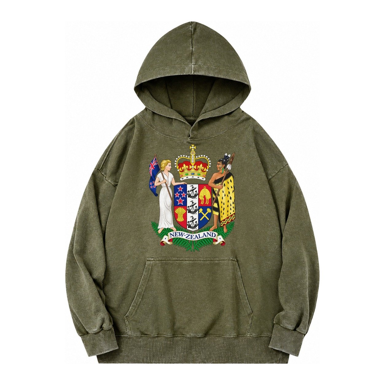 Coat Of Arms Of New Zealand Vintage Washed Hoodie – Army Green