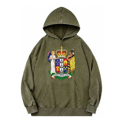 Coat Of Arms Of New Zealand Vintage Washed Hoodie – Army Green