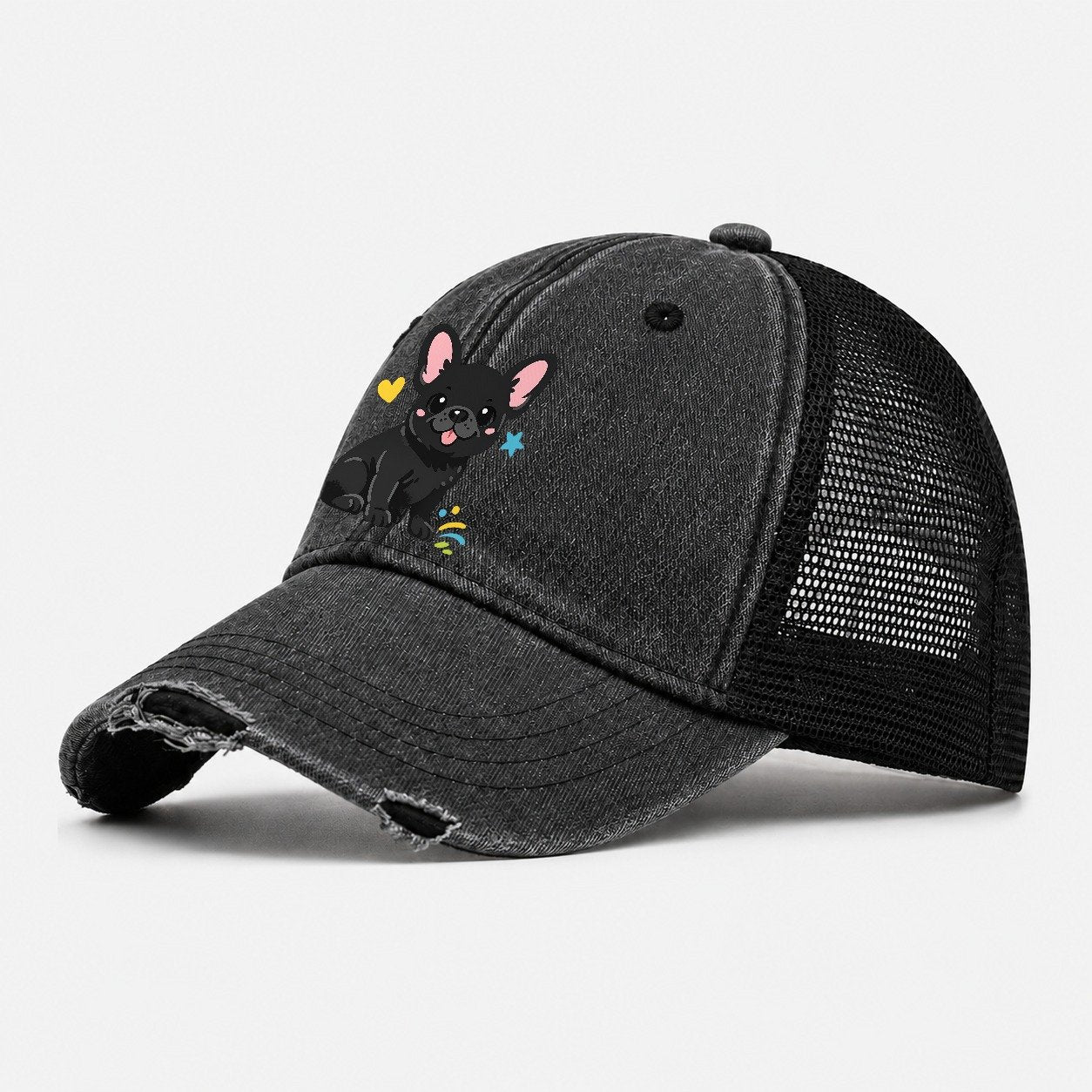 French Bulldog Washed Trucker Hat – Black