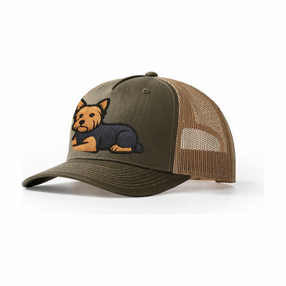 Yorkshire Terrier Blue And Tan Relaxed Lying Down With Head Trucker Hat – Olive-Khaki