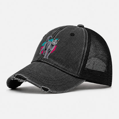 Pop Art Russian Blue Cat Standing Three Quarter Washed Trucker Hat – Black
