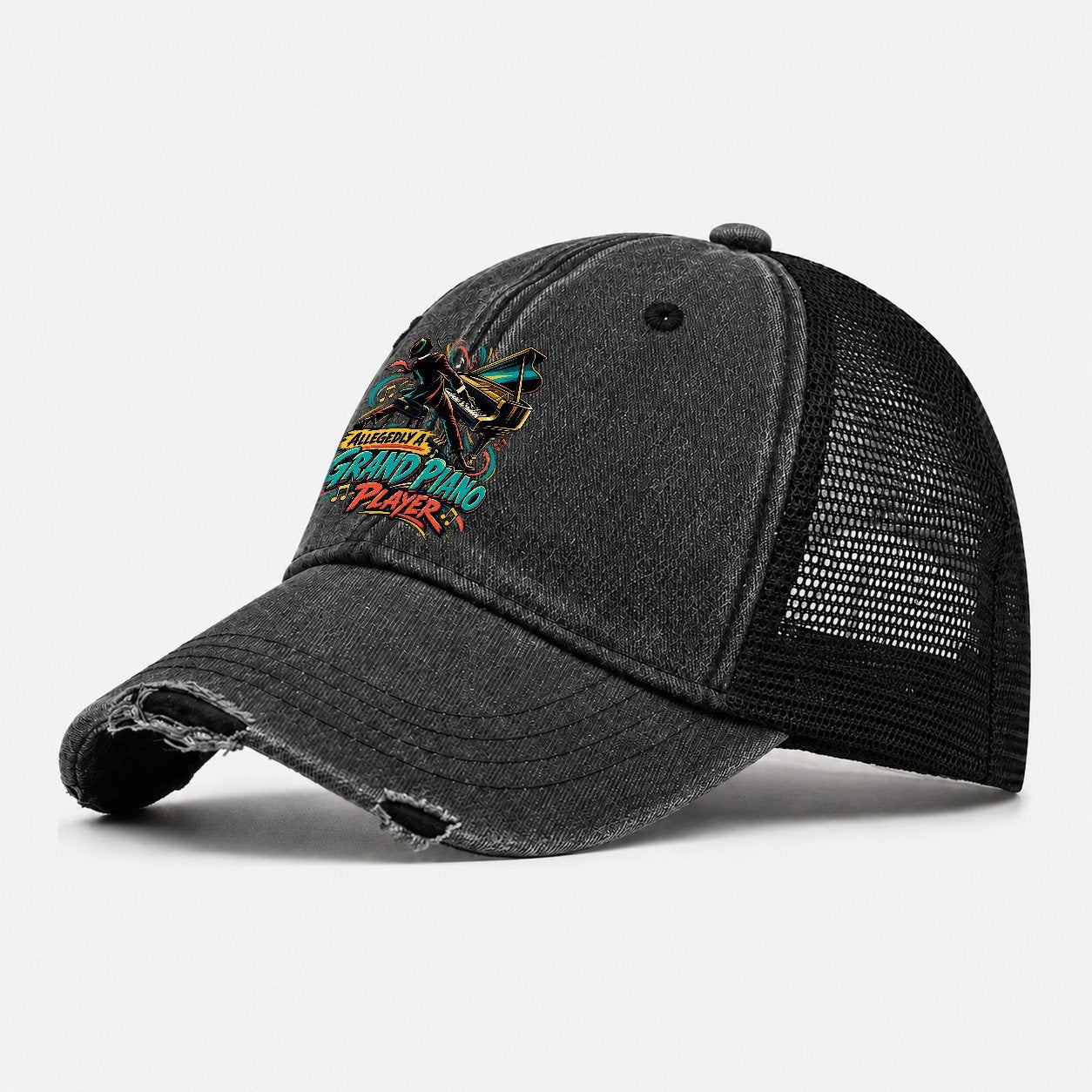 Allegedly A Grand Piano Player Music Instruments Washed Trucker Hat – Black