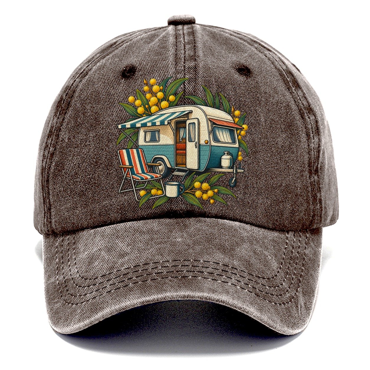 Retro Caravan Folding Chair And Enamel Mug Australia Cultural Icons Classic Cap – Brown