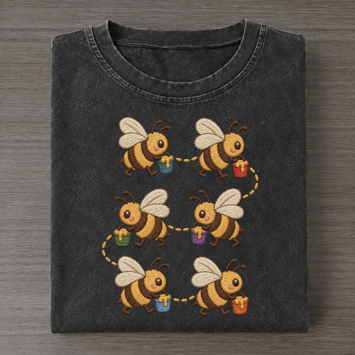 Bees With Buckets Single File Vintage T-shirt – Black