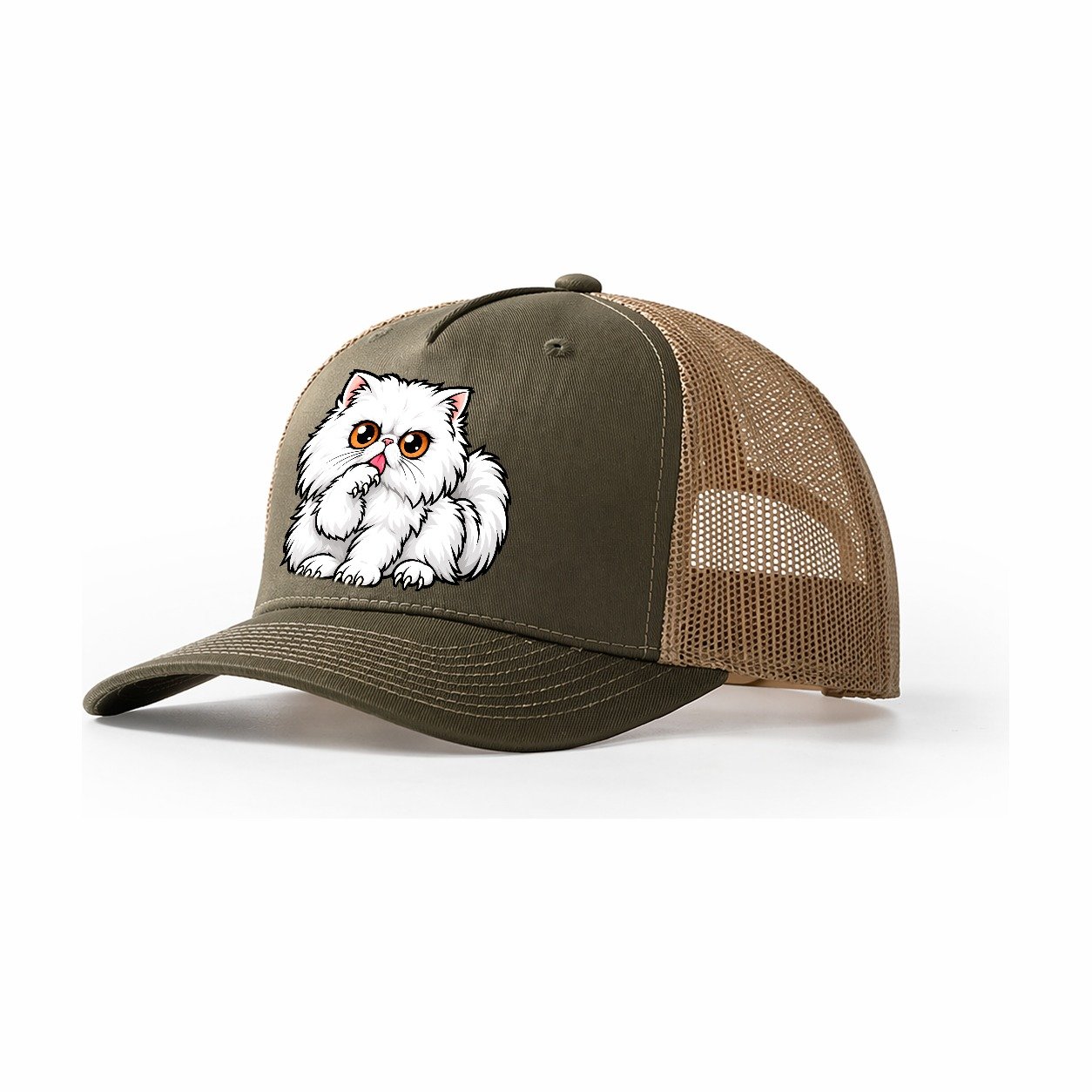 White Persian Grooming Peeking Cats Trucker Hat – Olive Khaki