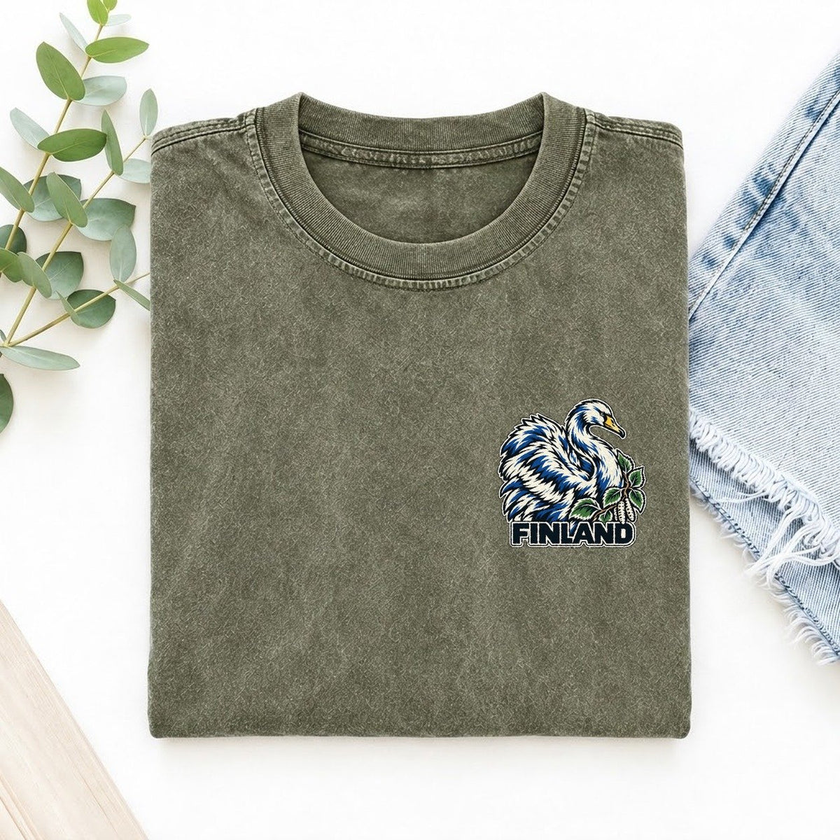 Finland Country Pride Left Chest Vintage T-shirt – Army Green
