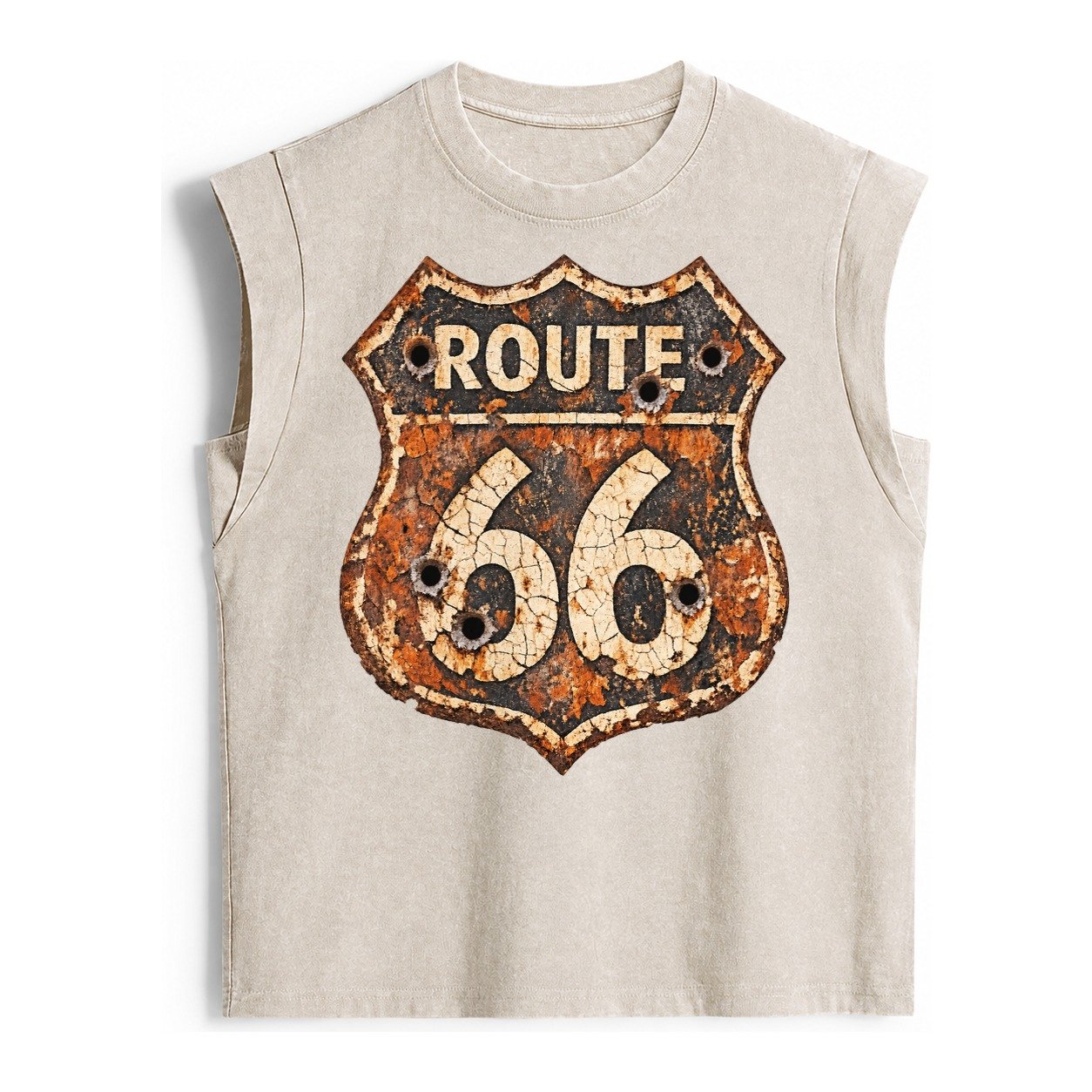 Weathered Marker Rust Aged Route 66 Sign Desert Sun Bleached Vintage Washed Tank – Beige