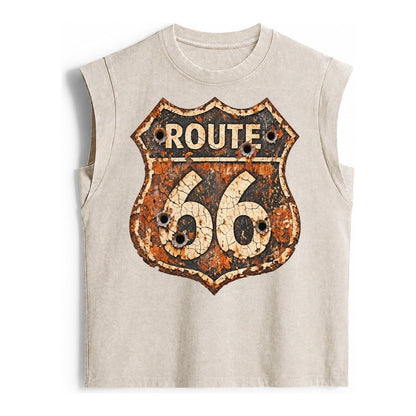 Weathered Marker Rust Aged Route 66 Sign Desert Sun Bleached Vintage Washed Tank – Beige