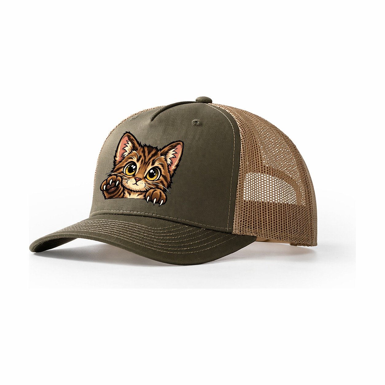 Tabby Kitten Paw Up Peeking Cats Trucker Hat – Olive Khaki