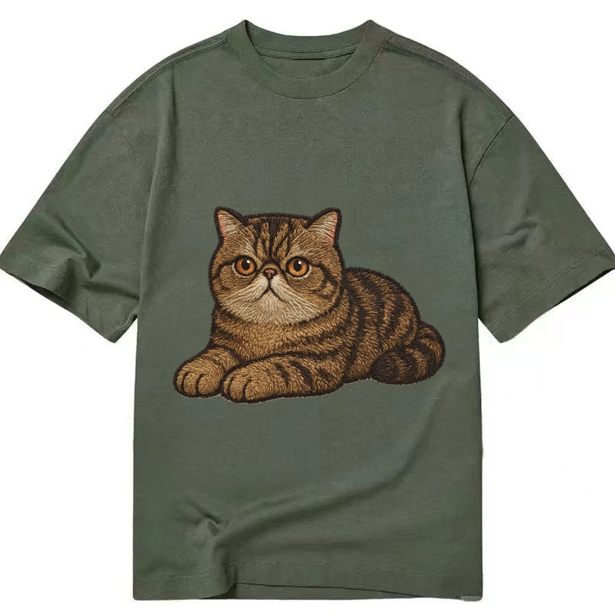 Exotic Shorthair Flat Face Plush Coat Relaxed Lying Down Wit Classic T-shirt – Army Green