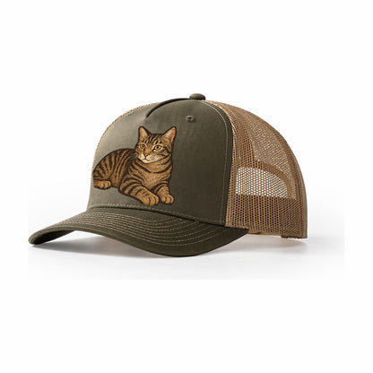 Manx Tailless Round Rump Relaxed Lying Down With Head Up Emb Trucker Hat – Olive-Khaki