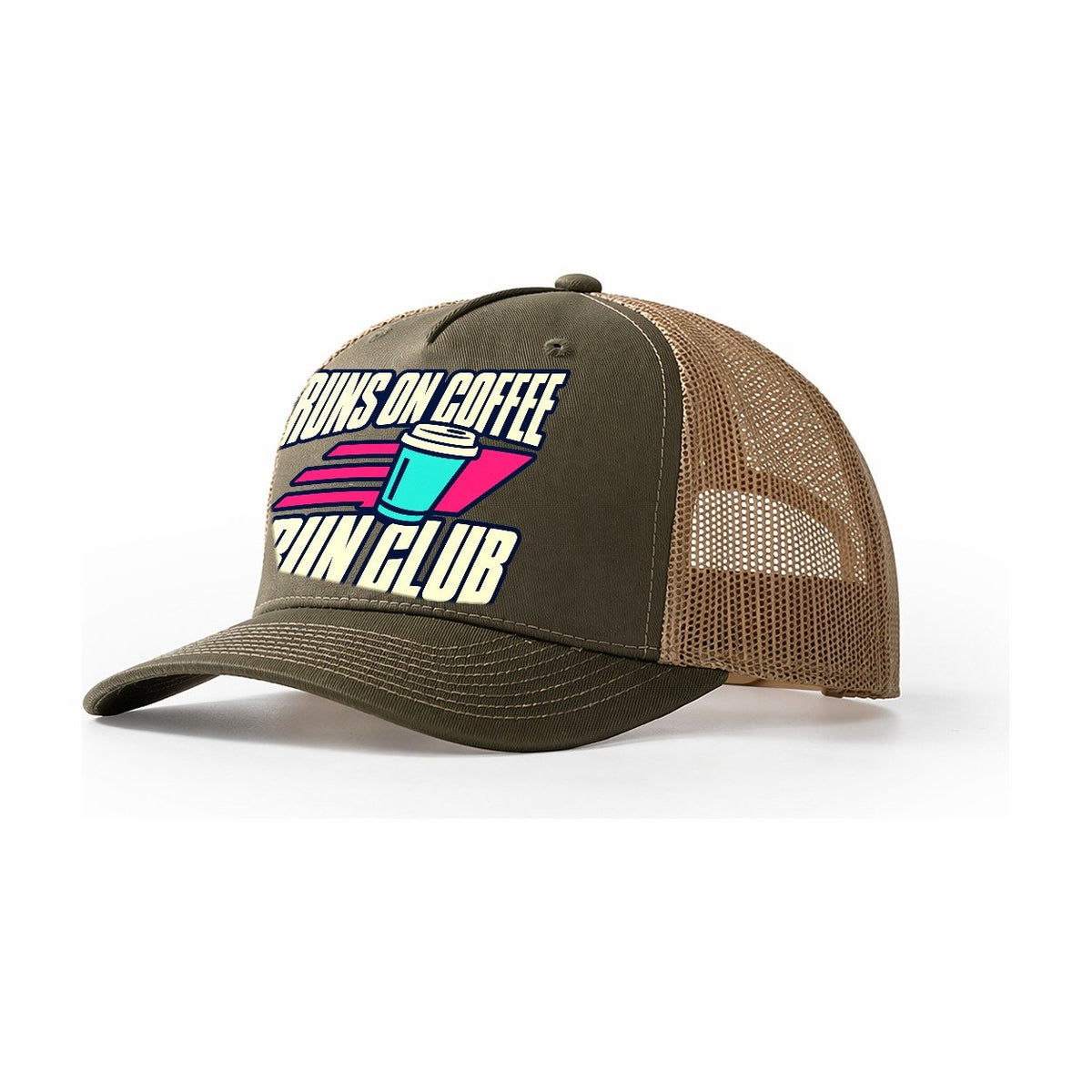 Runs On Coffee Run Club 90S Running Clubs Trucker Hat – Olive Khaki