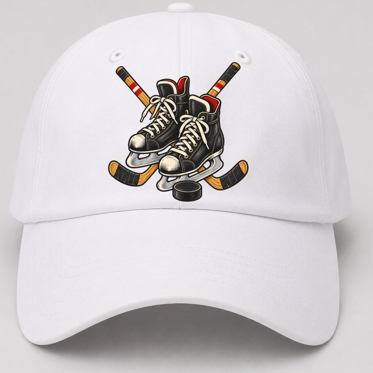 Backyard Hockey Skates Sticks And Puck Canada Cultural Icons Baseball Cap – White