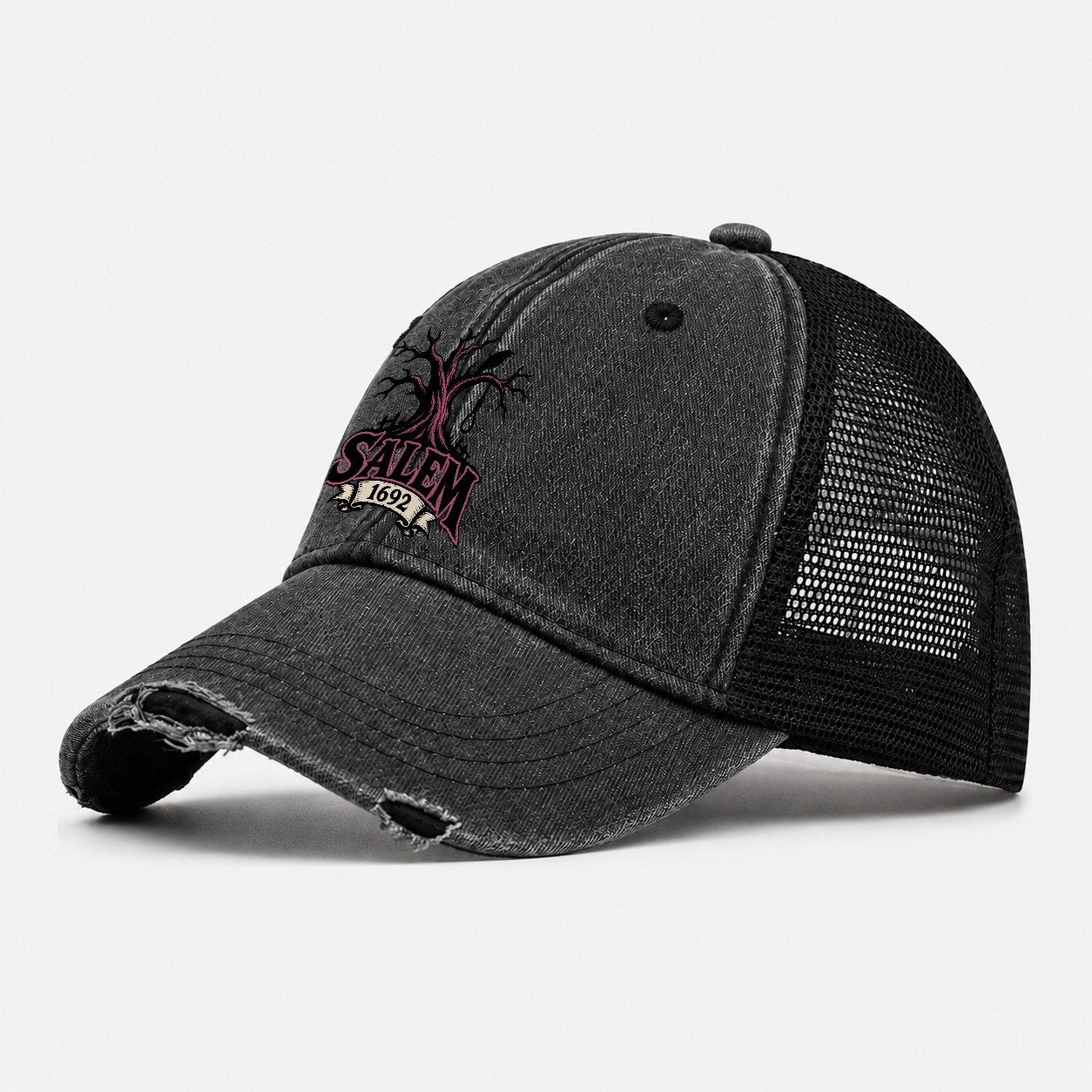 Salem Sixteen Ninety Two Witch Magic Washed Trucker Hat – Black