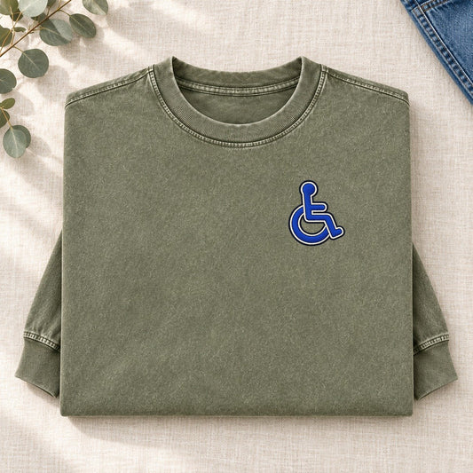 Wheelchair Access Left Chest Washed Long Sleeve T-Shirt – Army Green
