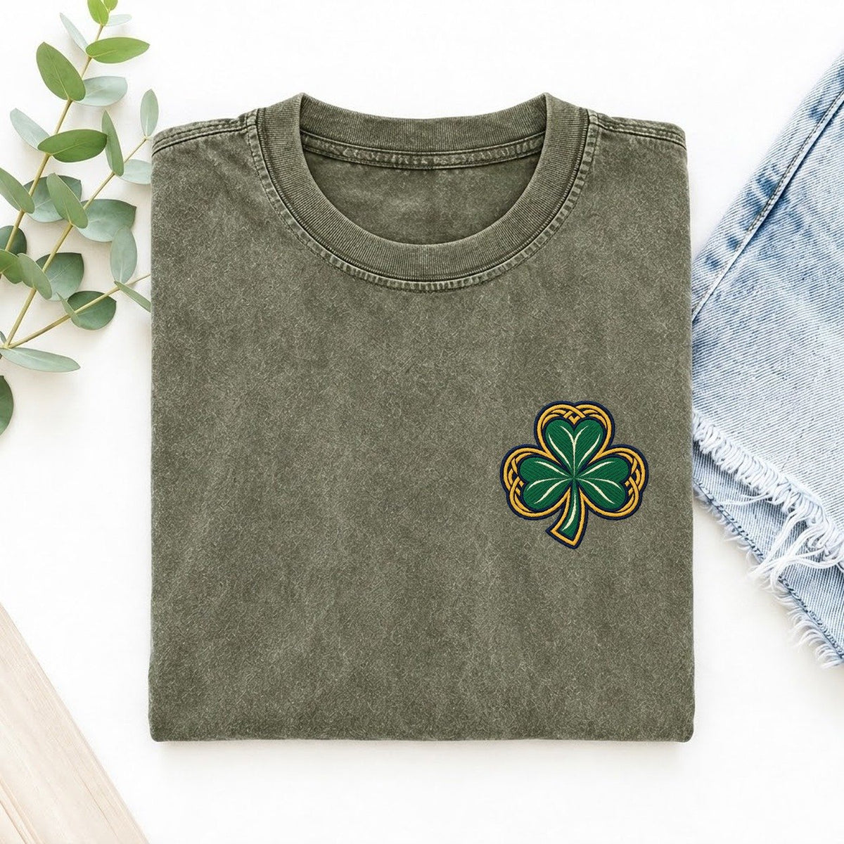 Celtic Shamrock Left Chest Vintage T-shirt – Army Green