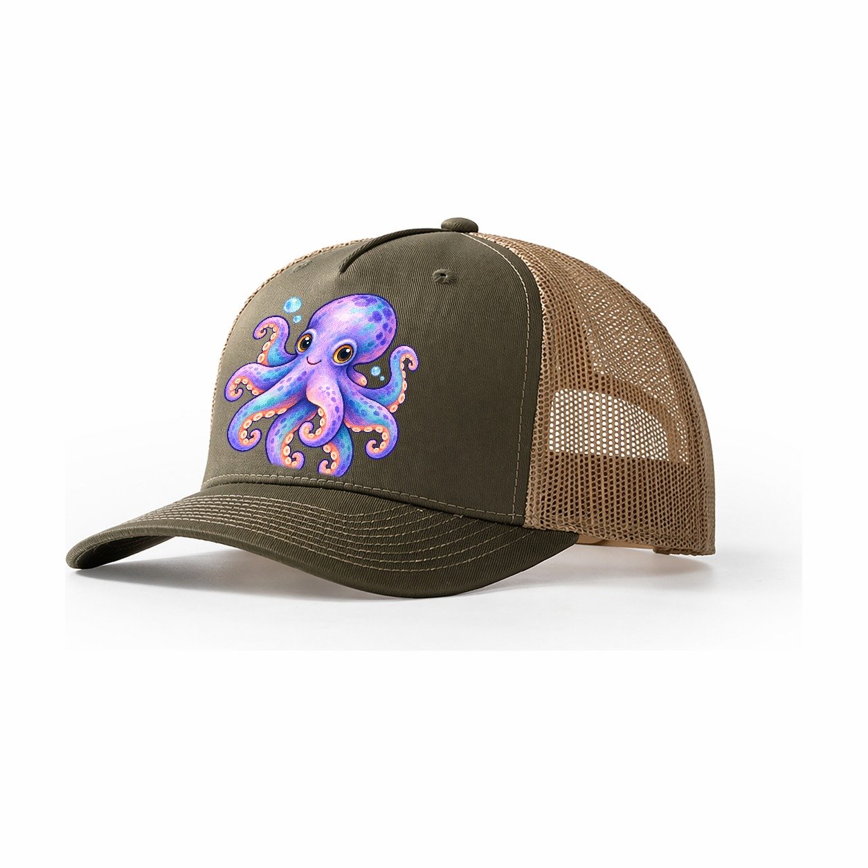 Octopus Playful Pinwheel Sea Sprite Trucker Hat – Olive Khaki