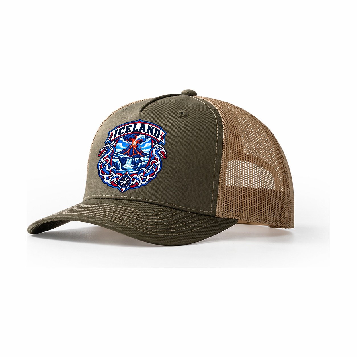Iceland Retro Badge Country Logos Trucker Hat – Olive Khaki