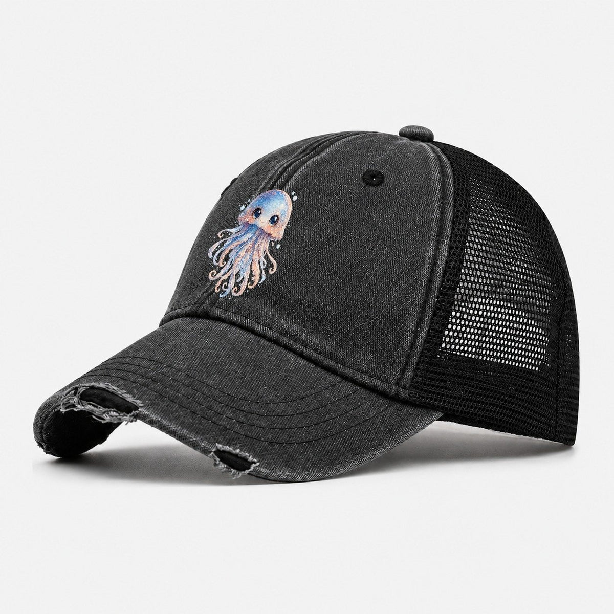 Cute Octopus Creature Washed Trucker Hat – Black