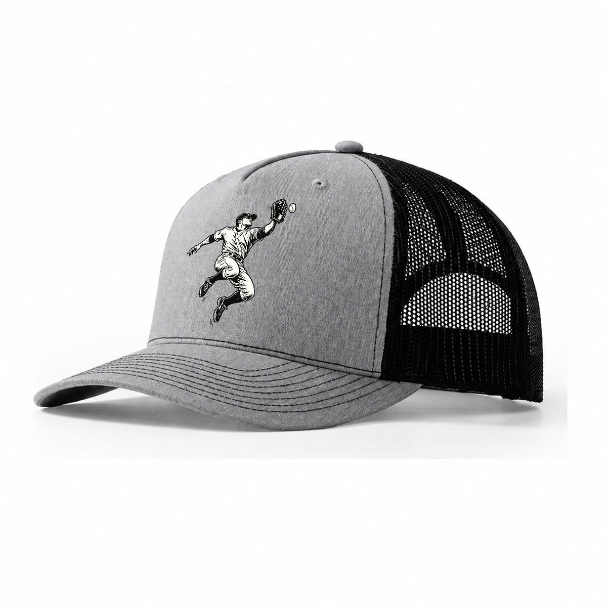 Baseball Outfielder Leaping Catch Global Sports Ink Figures Trucker Hat – Sport Grey Black