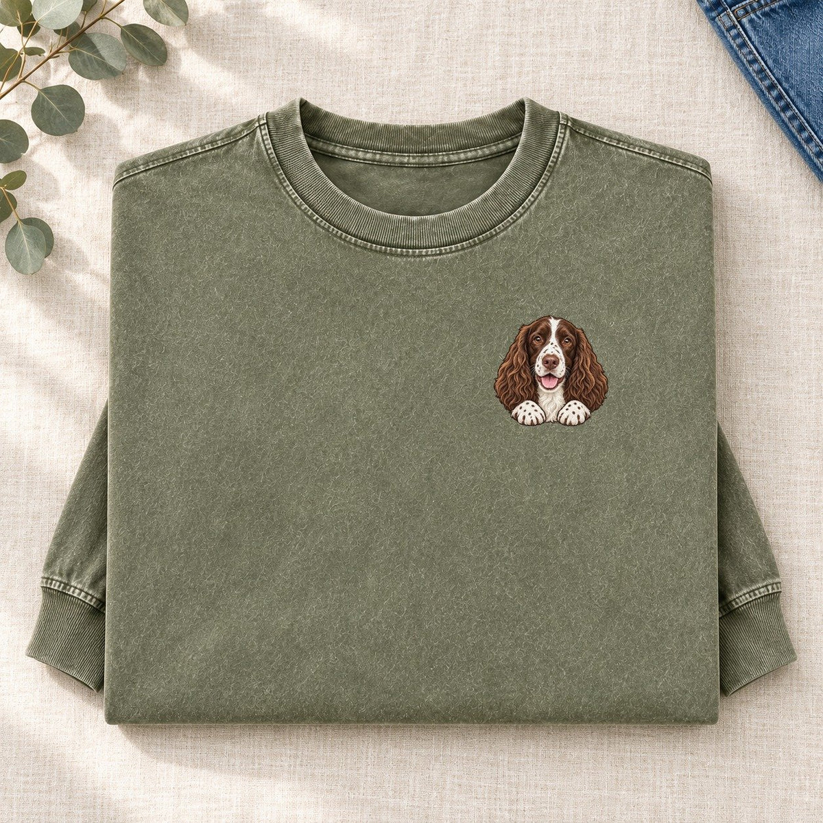 English Springer Spaniel Left Chest Washed Long Sleeve T-Shirt – Army Green
