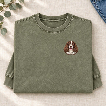 English Springer Spaniel Left Chest Washed Long Sleeve T-Shirt – Army Green