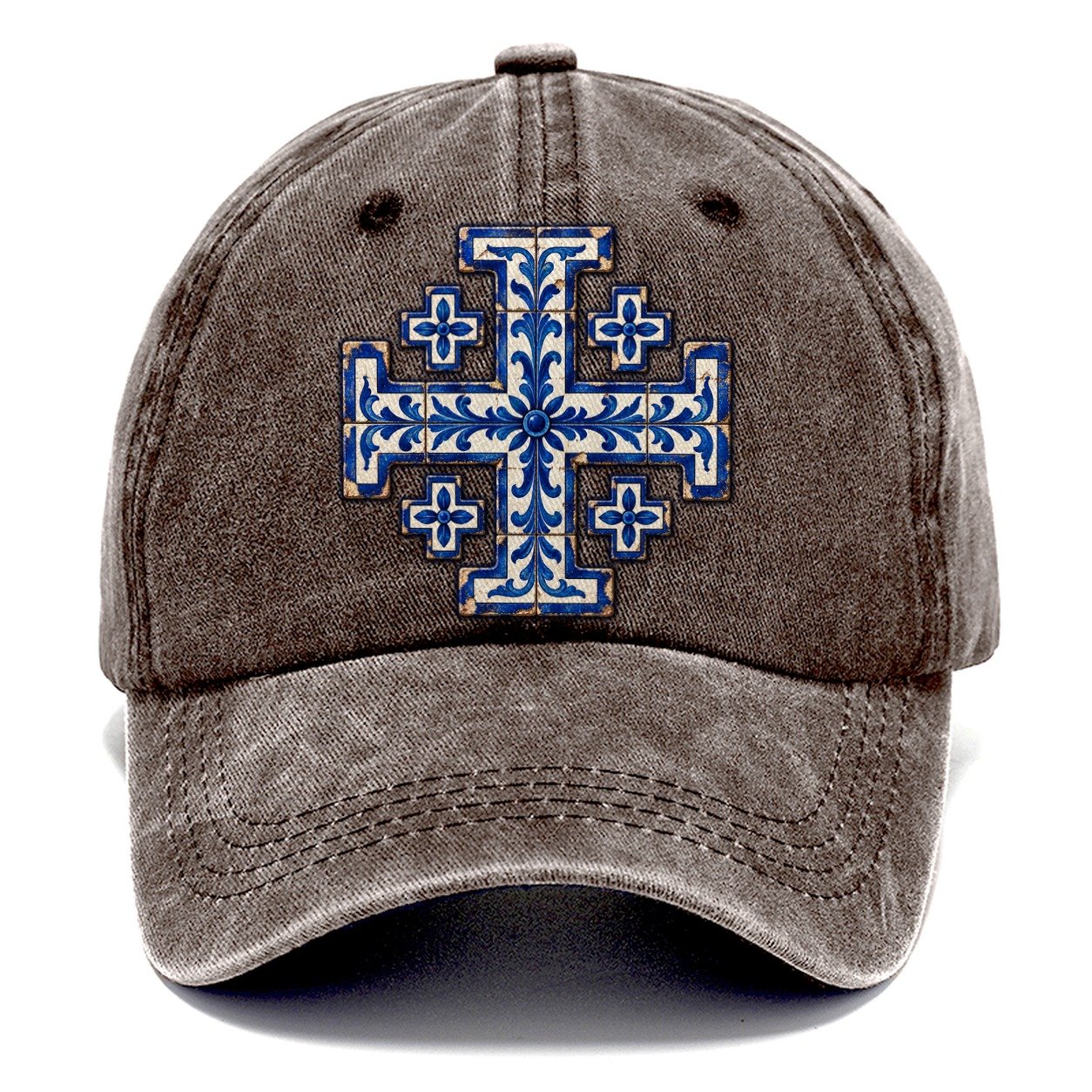Blue And White Glazed Tile Jerusalem Cross Classic Cap – Brown