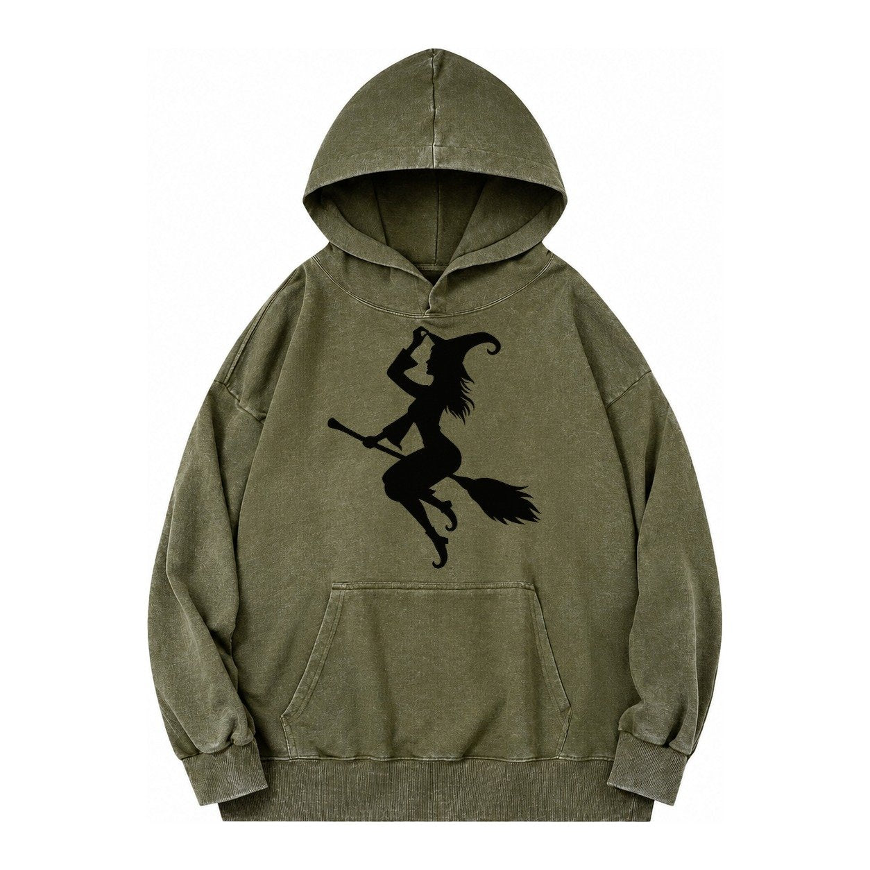 202308151409 Witch On Broom 4 Vintage Washed Hoodie – Army Green