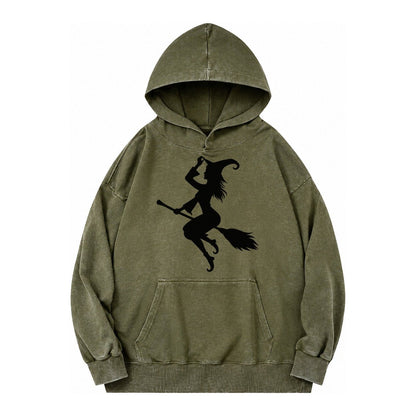 202308151409 Witch On Broom 4 Vintage Washed Hoodie – Army Green